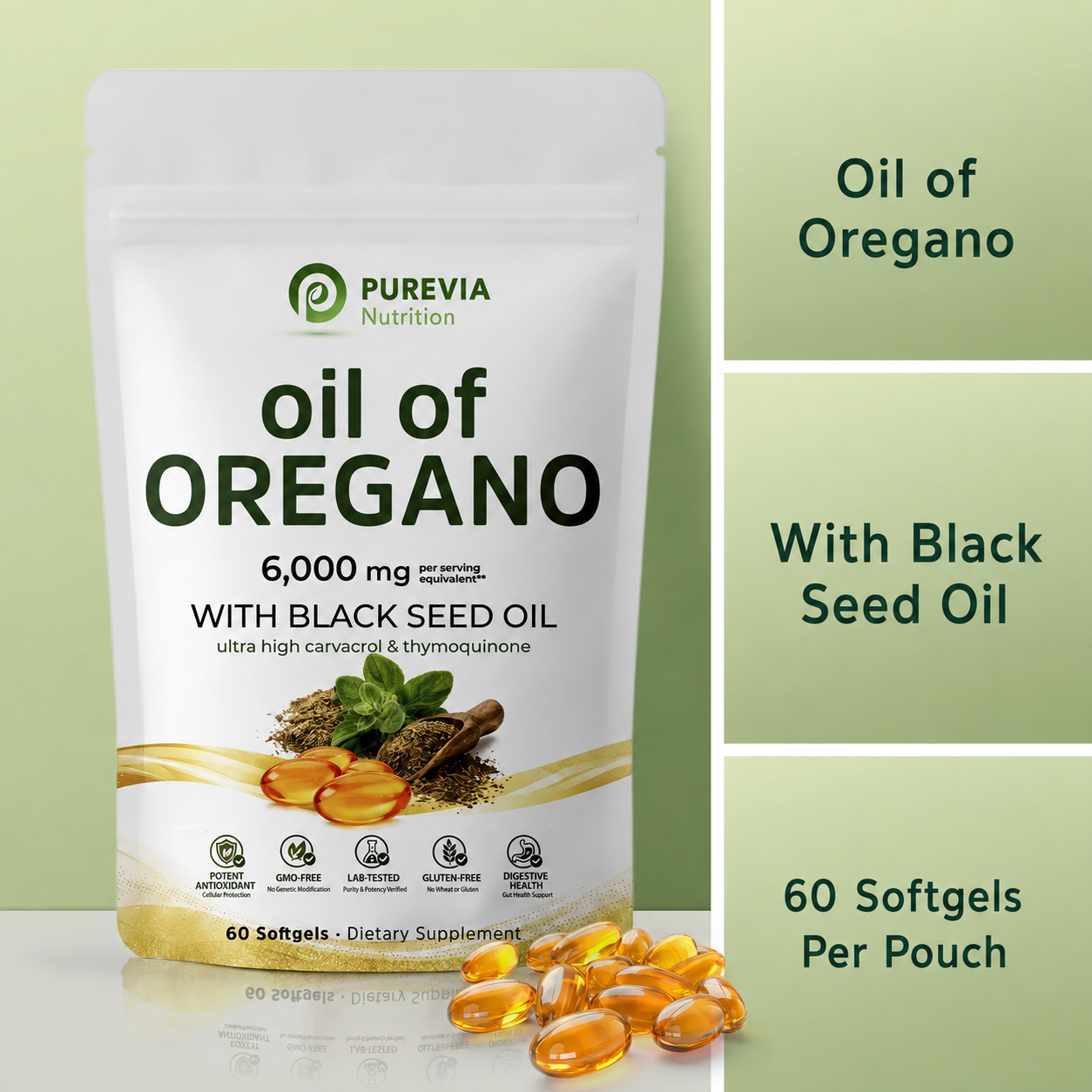 Purevia Oil of Oregano pouch with black seed oil, 60 softgels per pouch