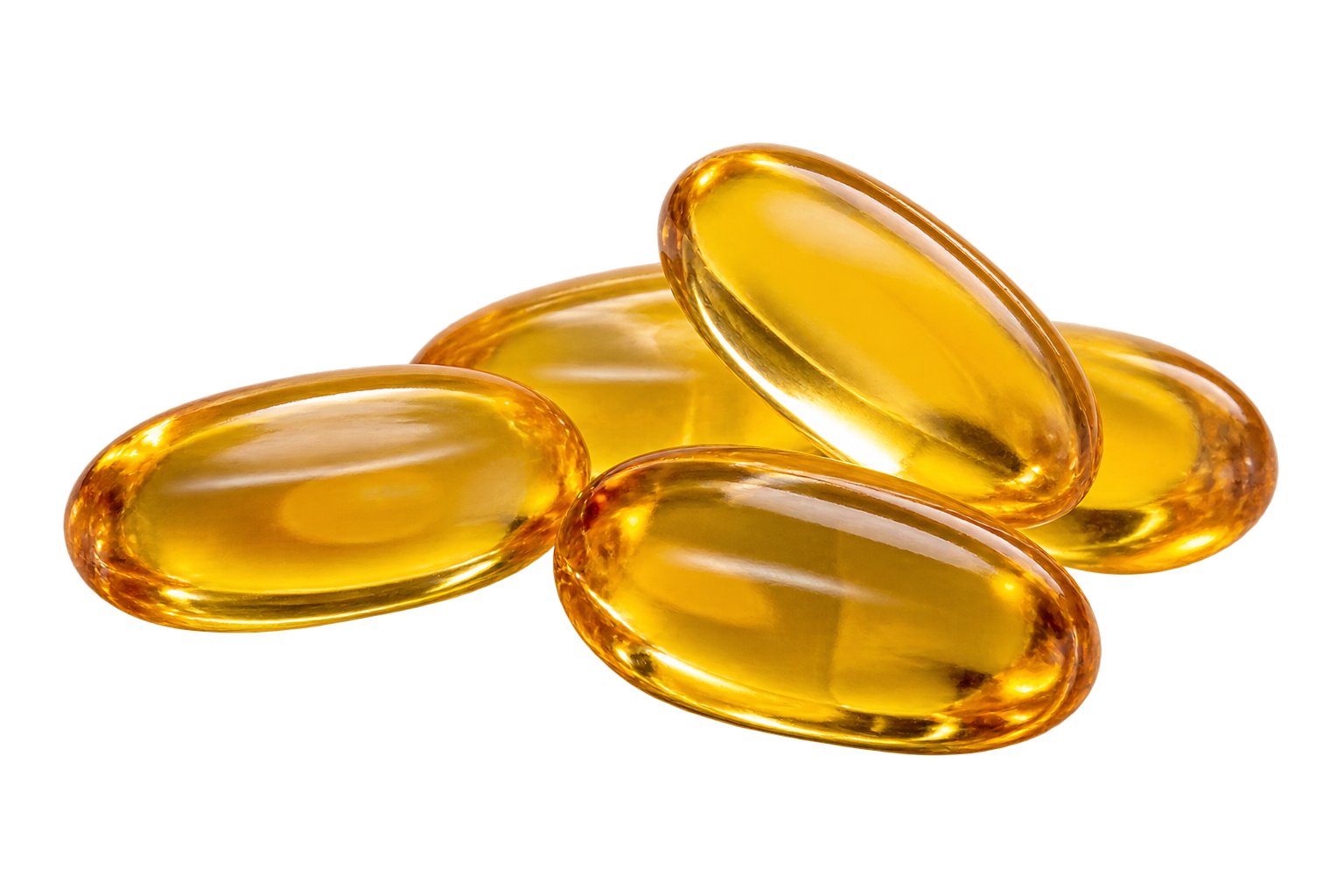 Translucent amber-gold oil softgels